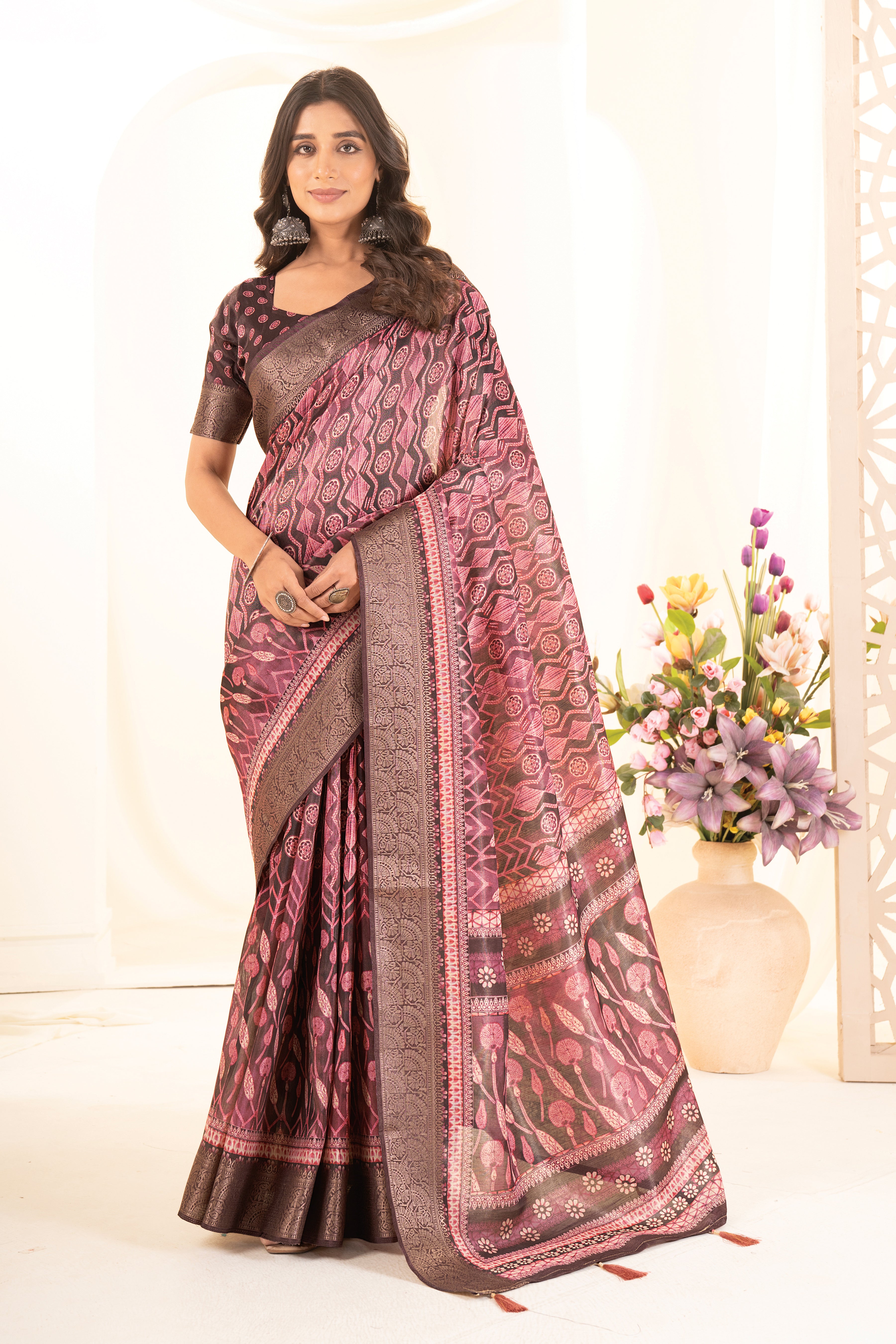 Cherry Red Tussar Silk Ajrak Saree